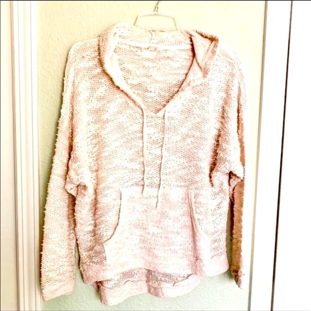 Kaii Boho Knit Cream Poncho Style Hooded Coverup Sweater